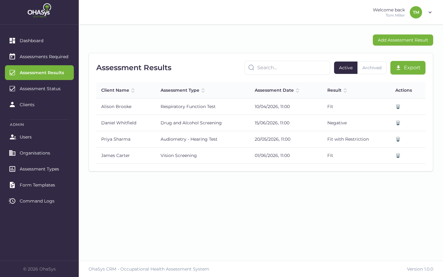 The OHASys assessment results screen recording fitness outcomes