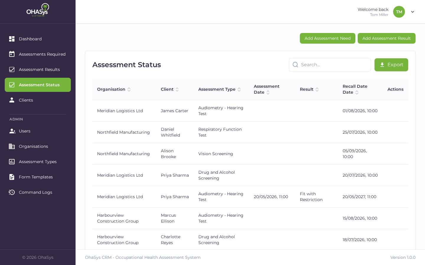 The OHASys assessment status view tracking surveillance and recalls across organisations