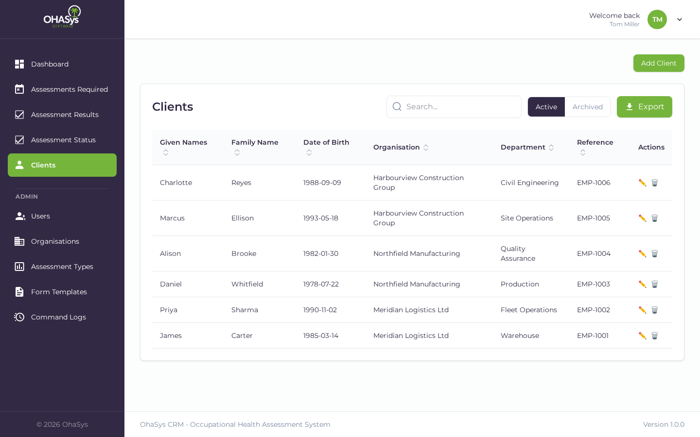 The OHASys client list with organisation, contact and case details